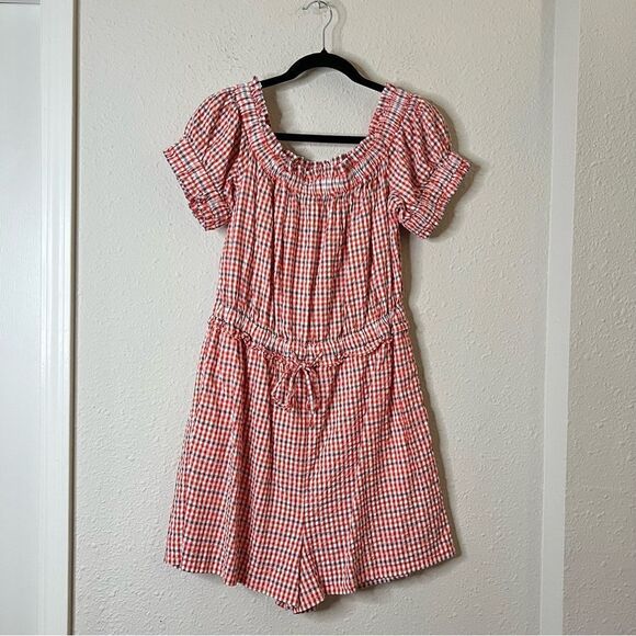 Anthropologie Gingham Off the Shoulder Seersucker Romper Size Medium - Picture 4 of 9